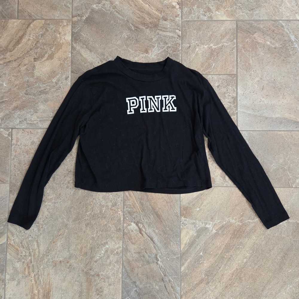 PINK Victoria's Secret Long Sleeve Crop Top Black Logo Graphic Tee Women's M‎